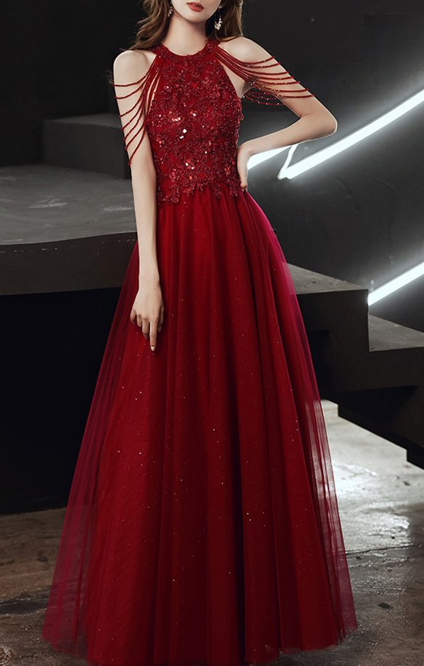 Abendkleid in Dunkelrot mit Glitzer