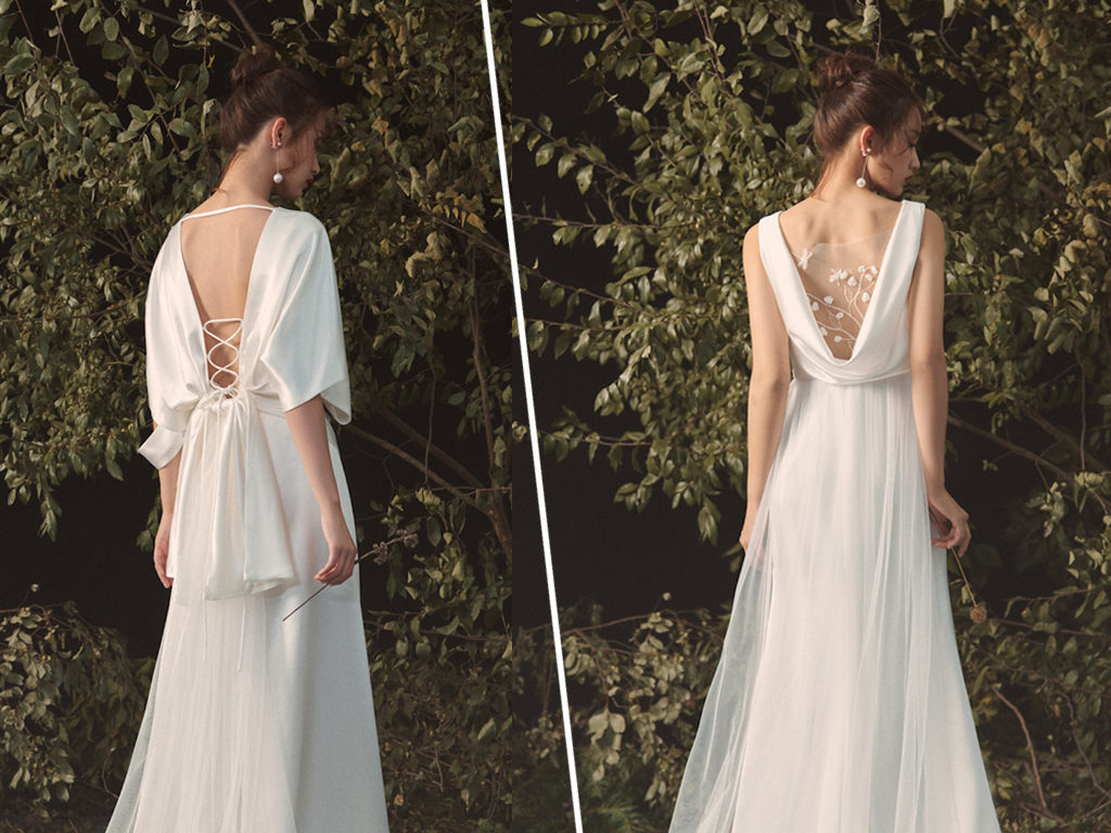 Boho Brautkleid im Vintage Chic mit tiefem V-Ausschnitt und fließendem Rock