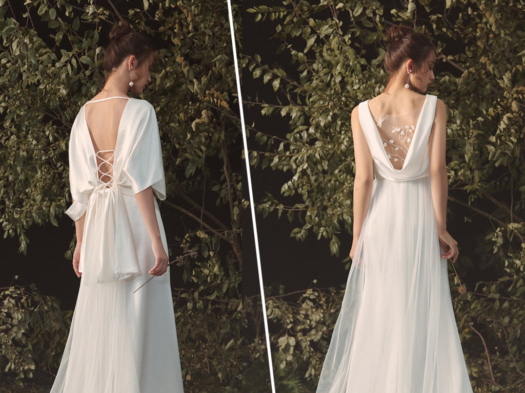 Boho Brautkleid im Vintage Chic mit tiefem V-Ausschnitt und fließendem Rock
