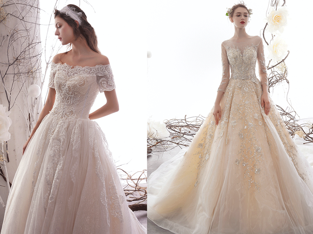 Prinzessinnen Brautkleider – märchenhafte Princess Kleider mit Spitze Prinzessinnen Brautkleider mit Spitze und Glitzerdetails – zwei märchenhafte A-Linien Kleider in Ivory und Champagner im Princess-Look