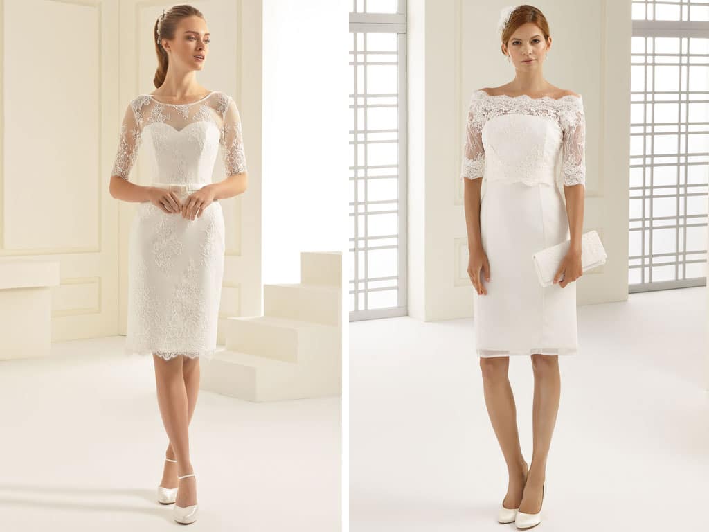 Kurzes Standesamtkleid für die standesamtliche Hochzeit – eleganter, moderner Look für Bräute.
