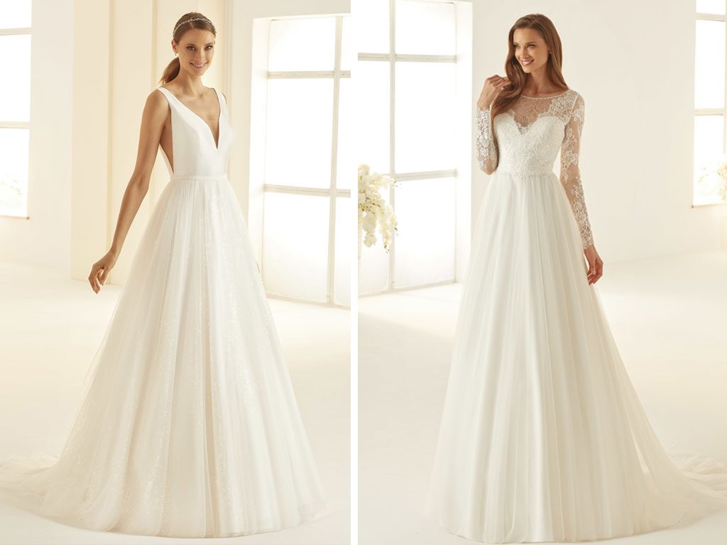 Elegantes Standesamtkleid in A-Linie mit tiefem V-Ausschnitt, cleanem Satin-Oberteil und fließendem Rock – modern und minimalistisch.