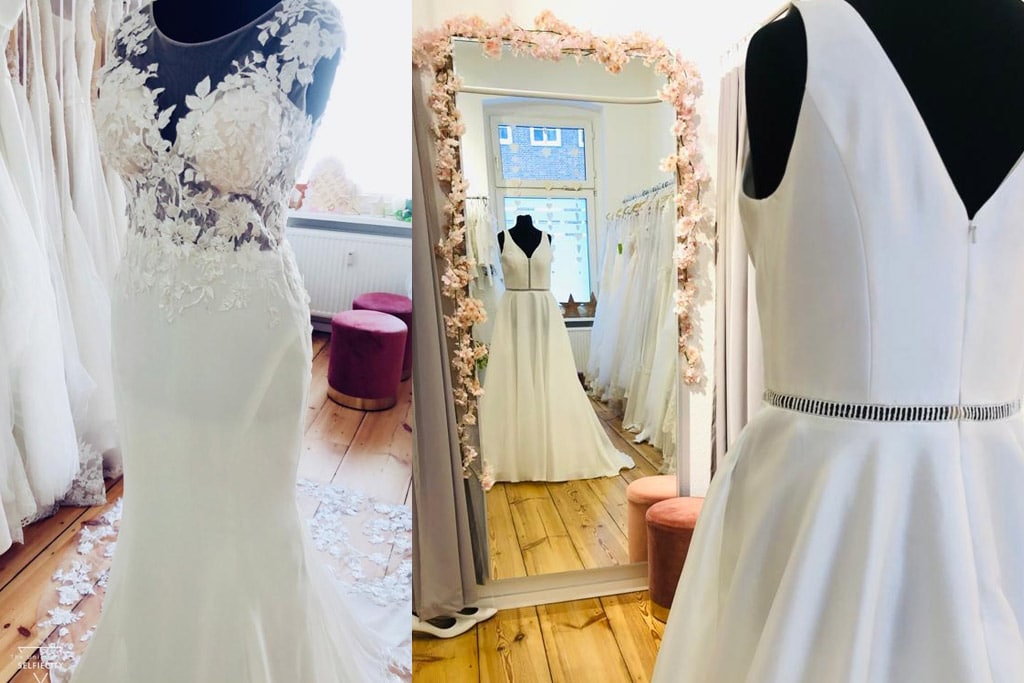 Brautkleid-Typen: verschiedene Stilrichtungen bei der Anprobe im Brautmodengeschäft