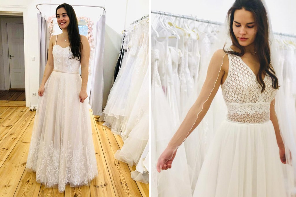 Braut in weißem Kleid beim Anprobieren – Symbolbild für Hochzeiten und Hochzeitsjubiläen nach vielen Jahren
