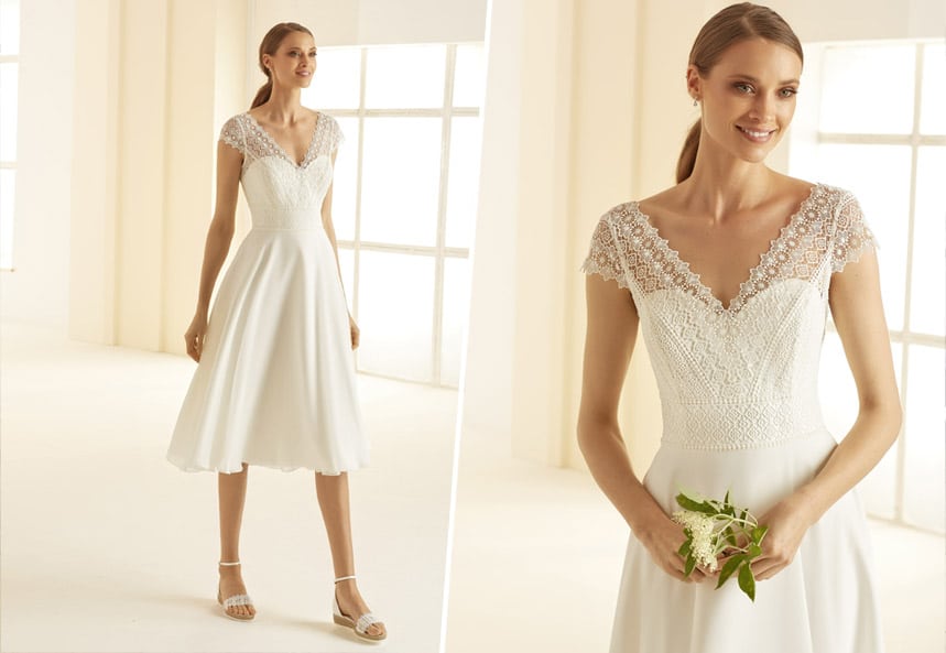 Elegantes Standesamtkleid in Berlin – kurzes Brautkleid mit Spitzenoberteil von LAFANTA