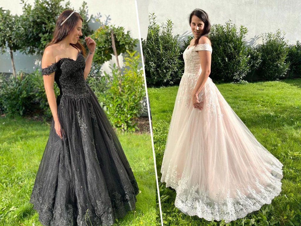 Zwei Bräute tragen farbige Brautkleider – ein schwarzes und ein roséfarbenes Hochzeitskleid von LAFANTA Berlin.