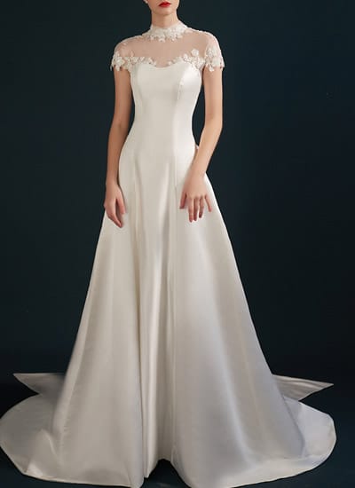 Satin Brautkleid mit Kragen im A-Linien-Schnitt