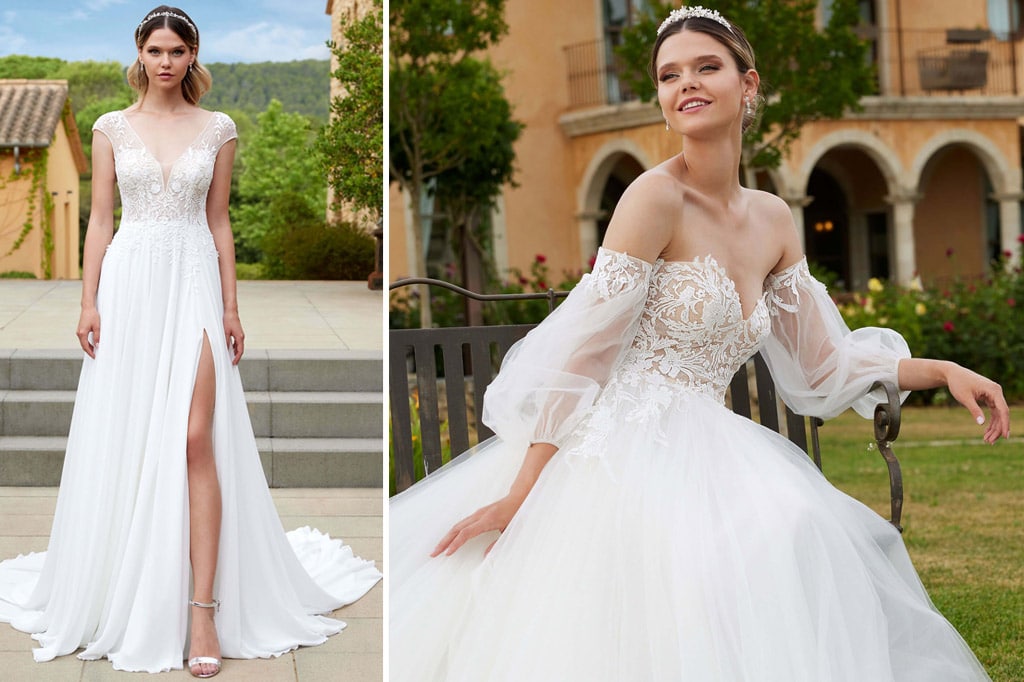 Boho Vintage Brautkleid mit Beinschlitz und Ärmeln