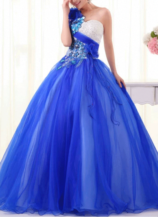 Brautkleid blau und weiß – königsblaues One-Shoulder-Ballkleid mit Tüllrock und Glitzerapplikationen von LAFANTA Berlin