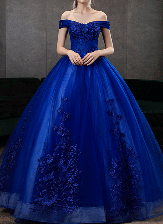 Brautkleid royalblau mit Spitze, Off-Shoulder-Ausschnitt und Tüllrock – LAFANTA Berlin