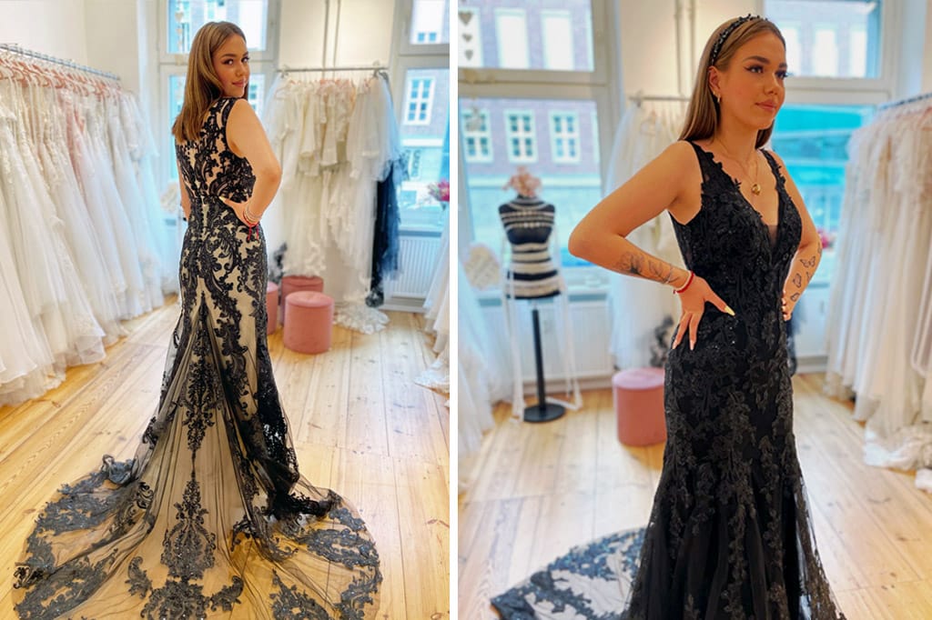 Frau trägt elegantes schwarzes Brautkleid von LAFANTA Berlin – stilvoll, außergewöhnlich & im Trend.