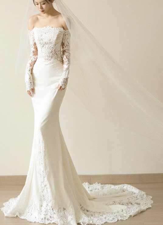 Mermaid Brautkleid Carmen mit Spitze und Carmen-Ausschnitt – LAFANTA Berlin