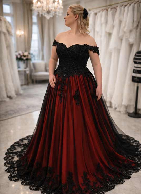 Brautkleid in Schwarz und Rot mit A-Linien-Schnitt, Off-Shoulder-Trägern und edler Spitze I LAFANTA