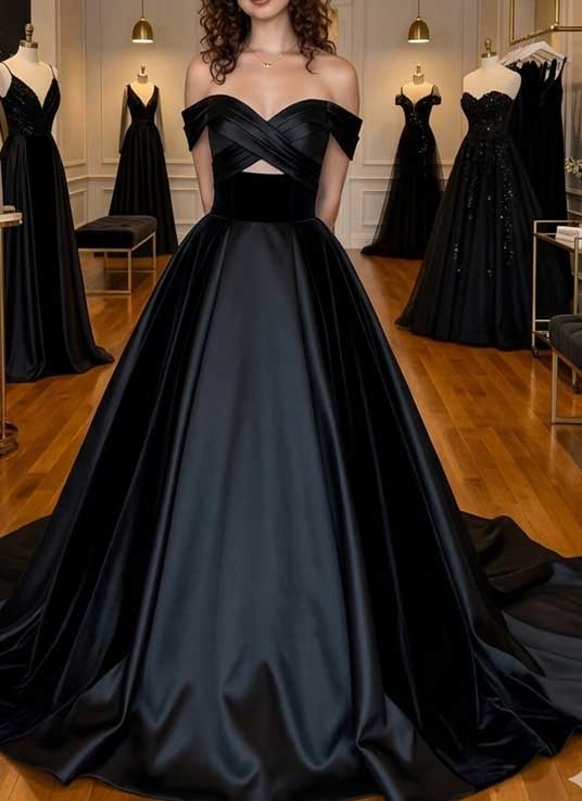 Modernes schwarzes Brautkleid aus Satin mit minimalistischem Wickel-Dekolleté und weitem Ballkleid-Rock