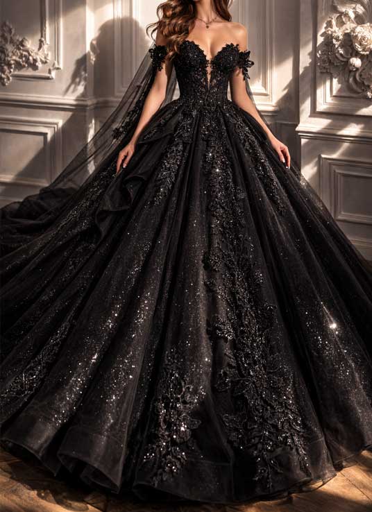 Dramatisches schwarzes Prinzessin-Brautkleid mit halbtransparenter Korsage, Glitzer-Tüllrock und Off-the-Shoulder-Ärmeln.
